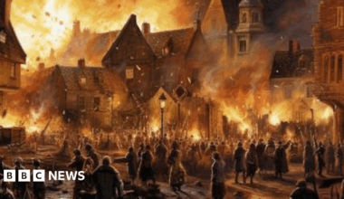 An artist’s impression of the Great Fire of Northampton - lots of buildings are on fire with people fleeing the devastation.