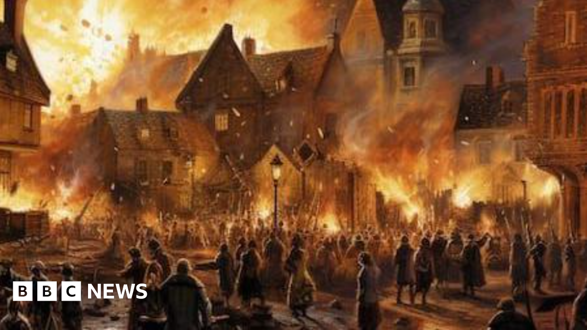 An artist’s impression of the Great Fire of Northampton - lots of buildings are on fire with people fleeing the devastation.