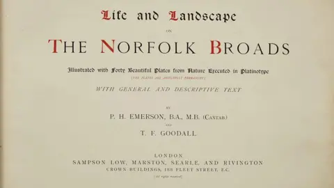 Roseberys Title page from the book. The paper once white has faded to a darker cream colour. The first letter of each word in the title ''Life and Landscape on the Norfolk Broads' is written in red. 