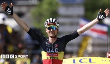 Tim Wellens celebrates winning stage 15 of the 2025 Tour de France