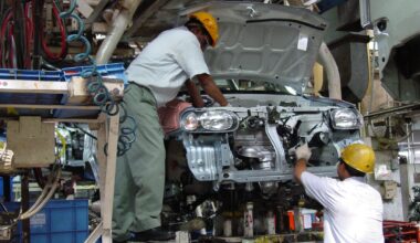 Two workers assemble a car at a manufacturing facility at Gurgaon, Haryana in India. Filephoto: VCG
