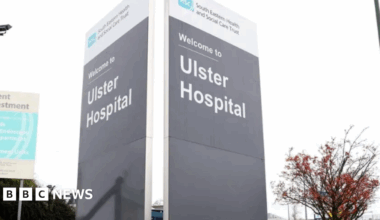 A large grey sign with 'Ulster Hospital' written on it in grey writing. At the top there is a white band with 'South Eastern Health and Social Care Trust' written on it. Next to it is tree with red leaves and another sign post.