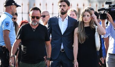 Manchetser City star Bernardo Silva (c), a fellow member of the Portguese national team, arrives for Jota's wake with wife Inês Tomaz (r)