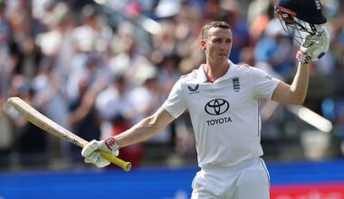 England batsman Harry Brook pictured celebrating after reaching his ninth Test hundred