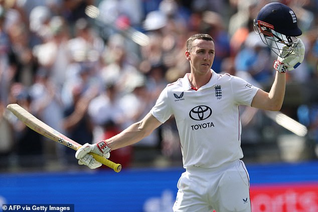 England batsman Harry Brook pictured celebrating after reaching his ninth Test hundred