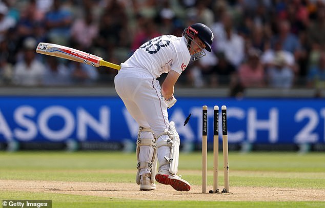 Akash Deep (not in shot) eventually ended Brook's 234-ball innings of 158 by bowling him