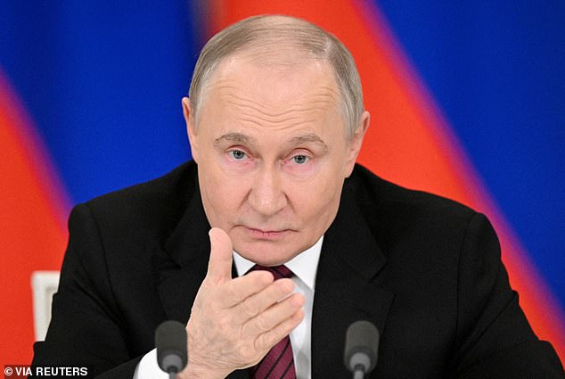 Russia on Friday said that it sees no immediate diplomatic way out of the war in Ukraine, hours after pummelling the war-torn country with its largest ever drone and missile barrage of the invasion. Pictured: Russian President Vladimir Putin