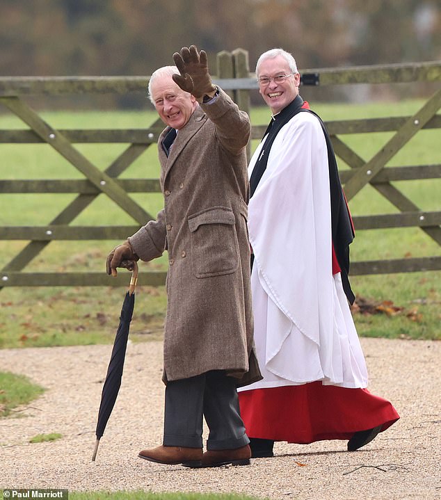 At the heart of the dispute is Rev Canon Paul Williams, the King's Domestic Chaplain, who took up his post on 2023 after moving from Tewkesbury Abbey. Pictured: King Charles III with Rev Canon Paul Williams as he attends the Sunday service at St. Mary Magdalene church in Sandringham, Norfolk, UK, on 26th November, 2023