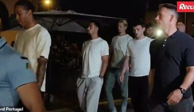 Liverpool teammates past and present flew to Portugal to pay their respects, including Virgil Van Dijk (left), Alexis Mac Allister (centre, with hands in pocket) and Andy Robertson (second from right)