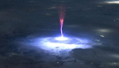The TLE appears mostly red in colour - most of the phenomena last only a fraction of a second and can rarely be seen unless you are orbiting some 250 miles above the Earth's surface