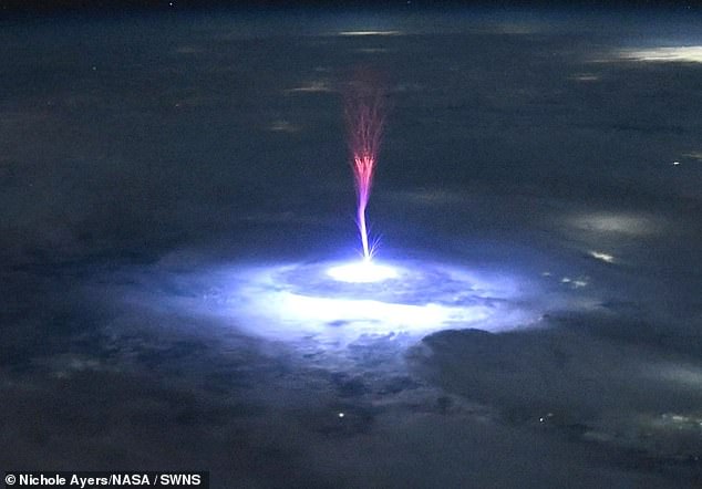 The TLE appears mostly red in colour - most of the phenomena last only a fraction of a second and can rarely be seen unless you are orbiting some 250 miles above the Earth's surface