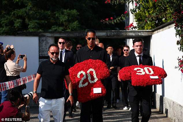 Vigil van Dijk and Andrew Robertson carried floral tributes in honour of Jota and his brother Andre Silva as they attended their funeral in Gondomar