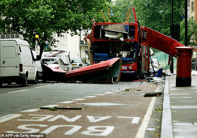 It comes as the nation marked the 20th anniversary of the terror atrocity today (pictured is the Number 30 bus which was destroyed by a suicide bomber)