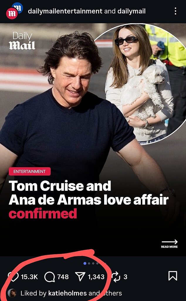 Fans went wild as Katie Holmes appeared to like an Instagram post regarding the confirmation of her ex Tom Cruise and Ana de Armas' new romance back in May