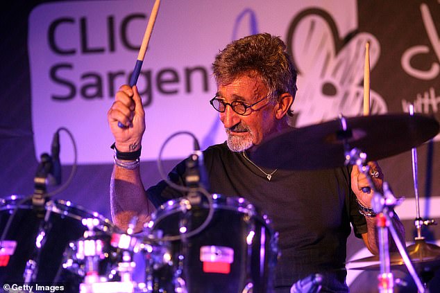 Jordan plays drums during the Grand Prix Ball at the Hurlingham Club in 2012