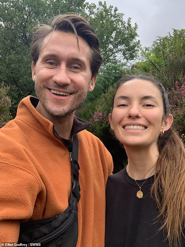 Elliot Godfrey, from Waddesdon in Buckinghamshire, suddenly began experiencing migraines in March following a family holiday in Mexico. Pictured, with wife Jess