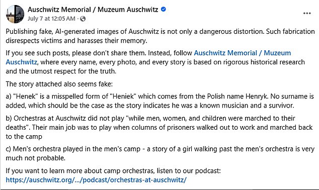 The Auschwitz Memorial and Museum, which is based out of Poland, condemned the image as 'a dangerous distortion' of reality