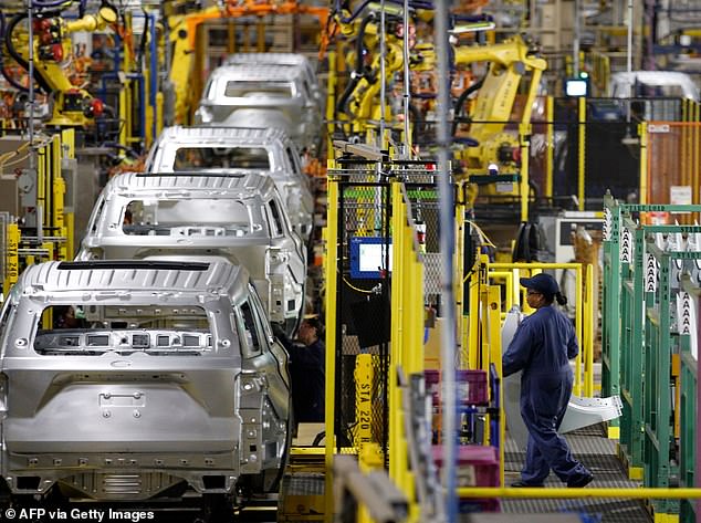 The recall affects certain models of Lincoln Aviator, F-150 trucks and Mustang vehicles, among others. Pictured: Ford's Chicago factory in 2019