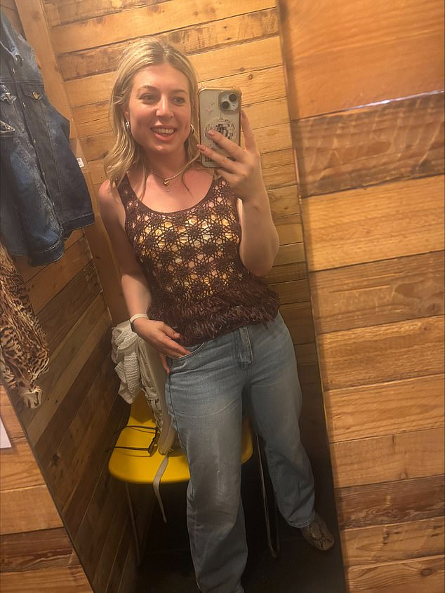 The only problem with the crochet top? It¿s completely see-through! But Sian comes to the rescue with the nifty trick of using a silk scarf as a bandeau top underneath