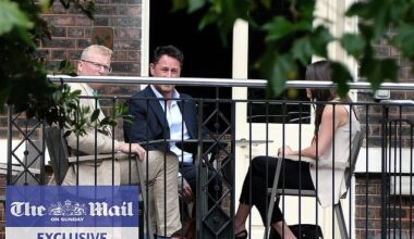 King Charles and Prince Harry's senior aides have held a secret peace summit in London (pictured: the head of communications for Royal Family Tobyn Andreae (left) and Meredith Maines head of communications for The Sussexes (right) with Liam Maguire, who runs the Sussexes' PR team in the UK (centre)