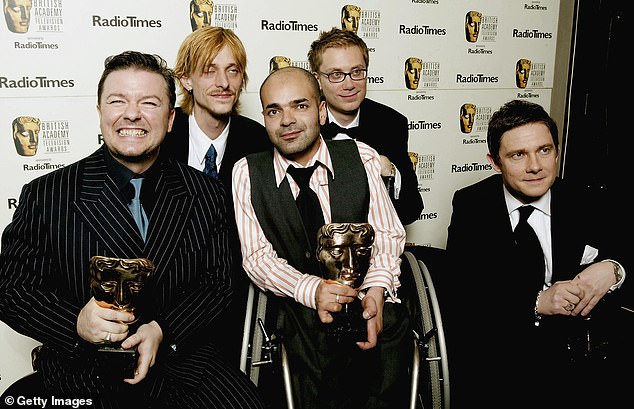 The producer, 53, who worked alongside the comedian on hit series The Office, 64, shared his regret explaining how he now questions if he was 'right to do that' (L-R Ricky, Mackenzie Crook, Ash, Stephen Merchant and Martin Freeman in 2004)
