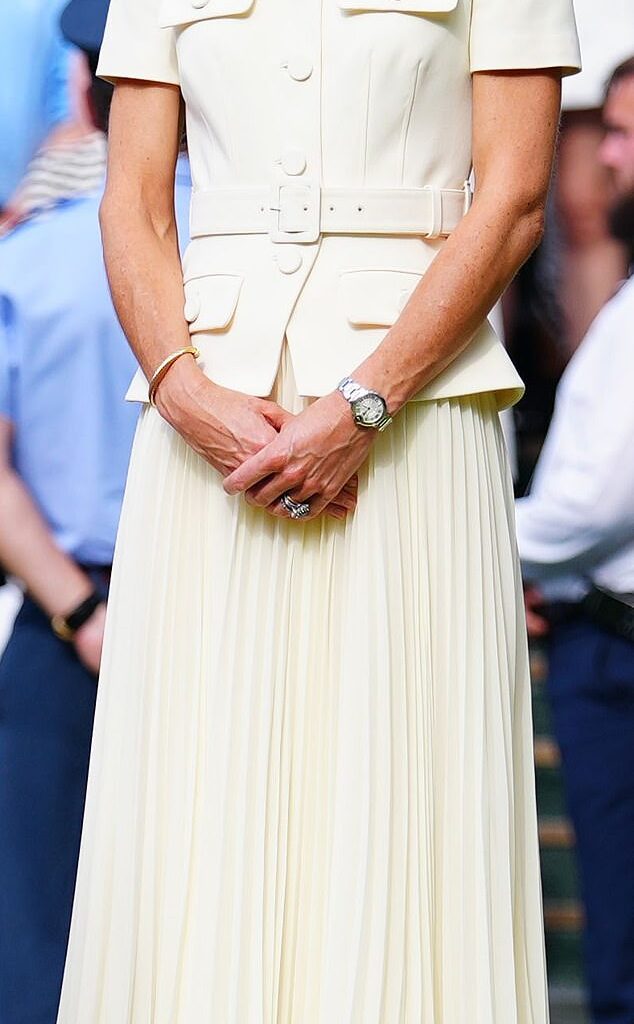 Kate Middleton, 43, opted to wear a custom Self-Portrait two-piece outfit as she attended the women's Wimbledon final on Saturday