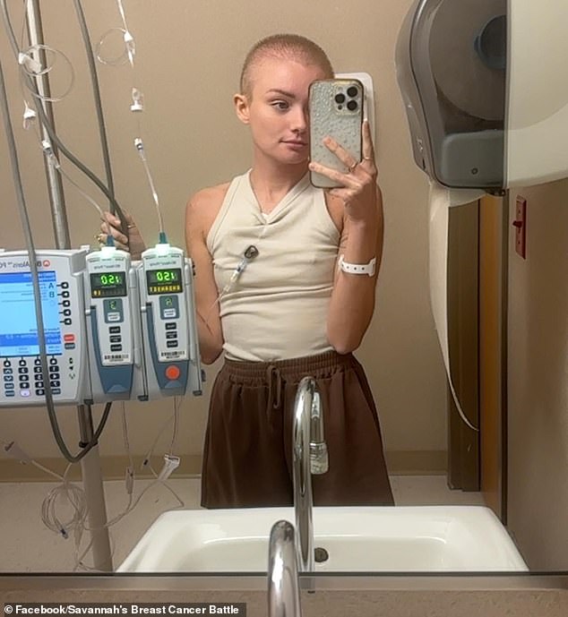 Caldwell is pictured above after another round of chemotherapy and after starting to lose her hair, leading her to shave it off