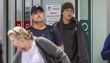 Father-and-son Lleyton and Cruz Hewitt looked strained as they touched down at Melbourne Airport on Tuesday, following the young tennis prodigy's Wimbledon appearance
