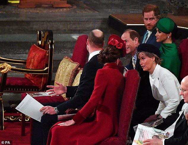 Kate speaks to Sophie at the Commonwealth Service at Westminster Abbey in 2020 while Harry looks on