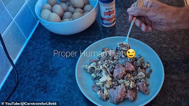 Mr Cannon's YouTube featured him cooking carnivore meals, such as this one of steak mince, bacon trimmings and scrambled egg, which he labelled a 'proper human diet'