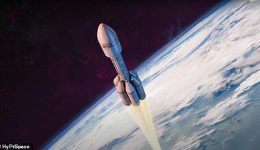 An artist impression of the rocket, which is said to use 'revolutionary hybrid propulsion,' powered by a mix of liquid and solid propellants, some made from recycled plastic
