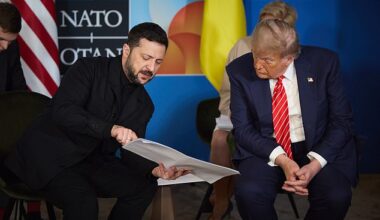 Donald Trump talks to Ukrainian president Volodymyr Zelensky at the Nato summit in The Hague last month