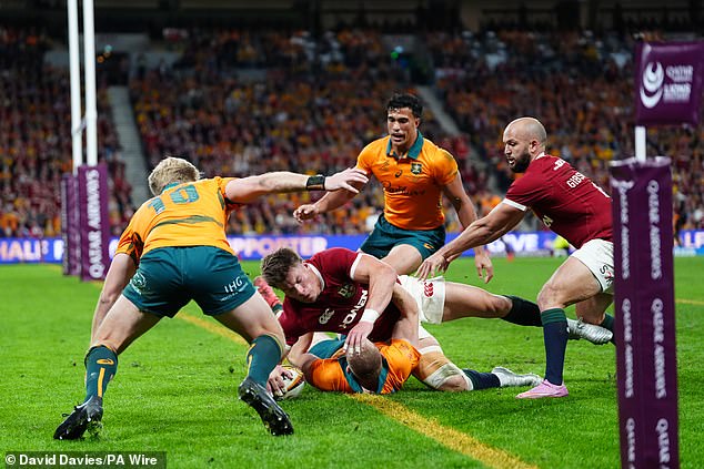 Huw Jones crosses for another first-half try only to see his effort ruled out by the TMO