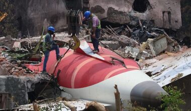 Pictured: Debris at the site of a plane crash near Sardar Vallabhbhai Patel International Airport