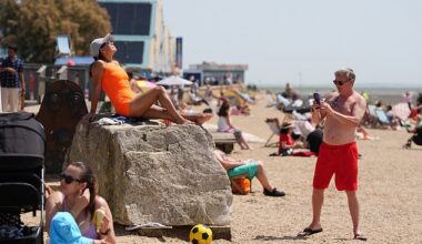 Sunshine helped the high street claw back ground last month with Brits splurging on drinks and days out (pictured, Southend on June 19)