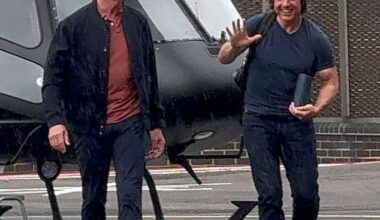Tom Cruise appeared to be in jovial spirits as he landed in London on his helicopter on Friday (he is pictured with David Coulthard)