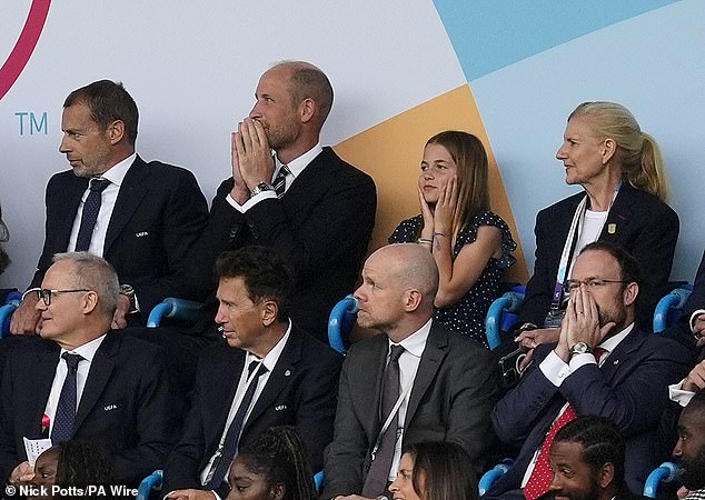 The Prince of Wales (centre left) and Princess Charlotte react as Spain's Mariona Caldentey scores their side's first goal