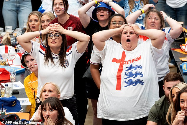 England fans react as they watch a live broadcast of the Women's Euro final