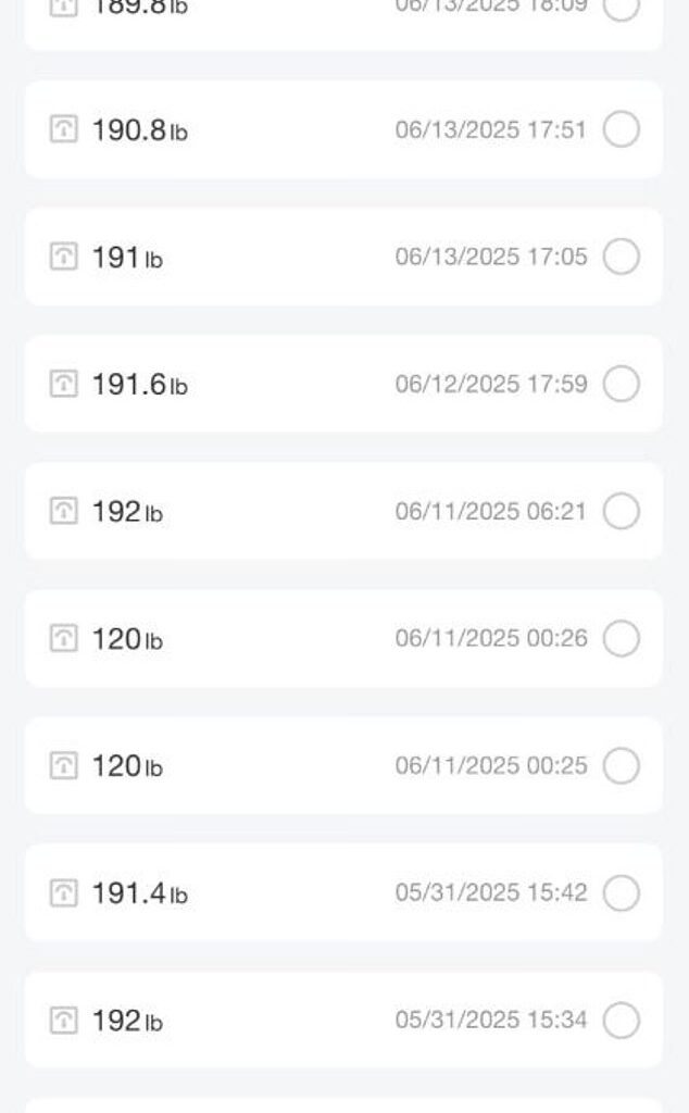 Among the data that is shared to the wife's iPhone, there is a repeated weight of around 86kg (190lbs), as well as what appears to be a much lighter mass of about 54kg (120lbs) that takes a measurement at 00:25 - leading her to believe her husband was cheating