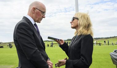 First Minister John Swinney talks to Mail Sport's Heather Dewar at the opening of Donald Trump's new golf course in Aberdeenshire on Tuesday