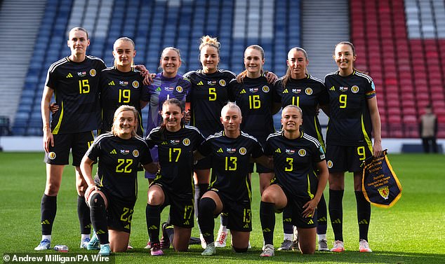 The Scotland team pose proudly ahead of their match with Austria at Hampden in May