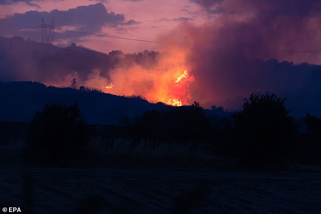 Wildfires have erupted in Portugal, Greece, and Spain while tornados have struck parts of Spain and Switzerland. Pictured: Smoke rises from a wildfire that broke out early hours in the area of Assiros, in the outskirts of Thessaloniki, northern Greece, 30 July 2025