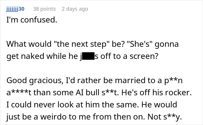 Screenshot of an online comment expressing confusion about a man falling in love with an AI girlfriend, questioning the marriage.