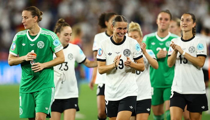 Germany’s Klara Bühl and Ann-Katrin Berger celebrate after winning the penalty shootout against France in the UEFA Women’s Euro 2025 quarter-final at St Jakob-Park, Basel, Switzerland, on July 20, 2025. — Reuters