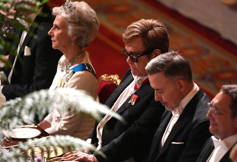 windsor, england july 8: elton john and husband david furnish attend the state banquet for president of france emmanuel macron and his wife brigitte macron, at windsor castle on july 8, 2025 in windsor, england. president emmanuel macron and mrs brigitte macron visit the uk in the first visit state visit made by france in 17 years. they are staying at windsor castle, hosted by king charles iii and queen camilla, and a banquet will be held there in their honour. the macrons will visit imperial college, and the president will address parliament during his stay. (photo by aaron chown pool/getty images)
