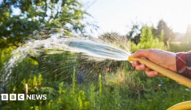 A hand holding a hosepipe with water squirting from its end. There are green plants in the background.
