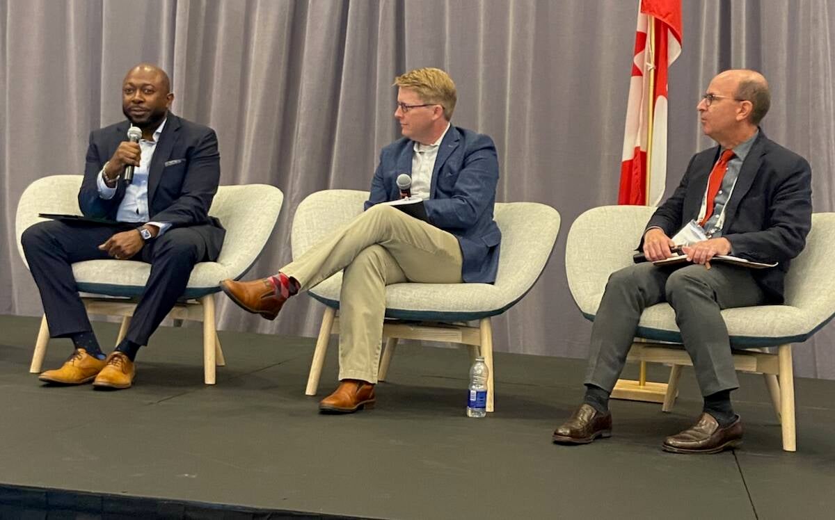 The trade and politics panel at Seeds Canada's annual conference included Karis Gutter, left, of Corteva Agriscience, Tyler McCann of the Canadian Agri-Food Policy Institute and Michael Harvey, of the Canadian Agri-Food Trade Alliance. Photo: John Greig