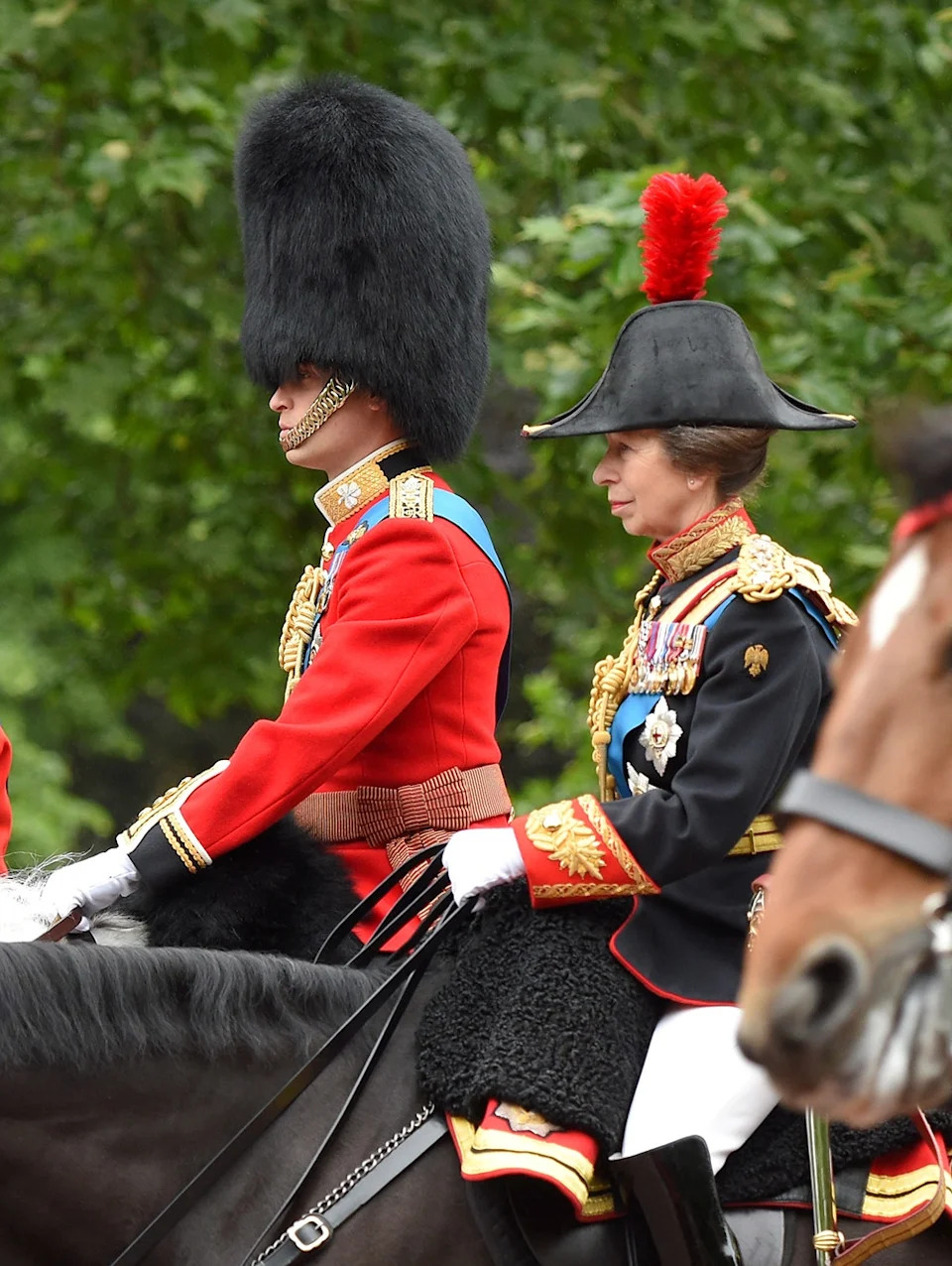 Prince William and Princess Anne in formal military wear riding horses.
