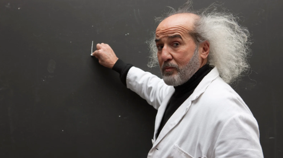 professor, crazy hair, white hair, lab coat, professor