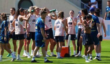 Players take a drink during a training session of Spain soccer team at the Euro 2025, in Lausanne, Switzerland Tuesday, July 1, 2025 Pic: AP